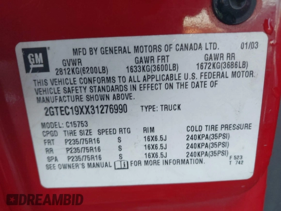 2003 GMC Sierra 1500 with VIN 2GTEC19XX31276990, listed as a IAAI auction lot 41256726 with 229,508 mi miles and . Bid and sale history available at DreamBid. Image 9.
