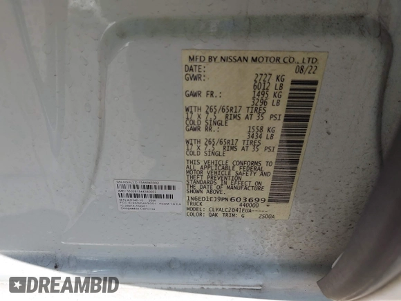 2023 Nissan Frontier SV with VIN 1N6ED1EJ9PN603699, listed as a IAAI auction lot 41677486 with 29,712 mi miles and . Bid and sale history available at DreamBid. Image 9.
