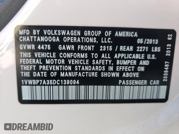 2013 Volkswagen Passat SE w/Sunroof with VIN 1VWBP7A35DC139094, listed as a Copart auction lot 48943295 with 74,302 mi miles and Salvage Title. Bid and sale history available at carsss.com. Image 14.