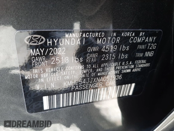 2022 Hyundai Sonata Hybrid Limited with VIN KMHL54JJXNA051936, listed as a Copart auction lot 65468872 with 2,659 mi miles. Bid and sale history available at carsss.com. Image 10.