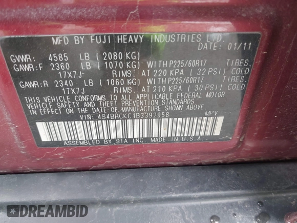 2011 Subaru Outback Limited Power Moon с VIN 4S4BRCKC1B3392958, выставлен на аукционе IAAI как лот 41640934 с пробегом 237 564 миль миль и . История ставок и продаж доступна на DreamBid. Изображение 9.