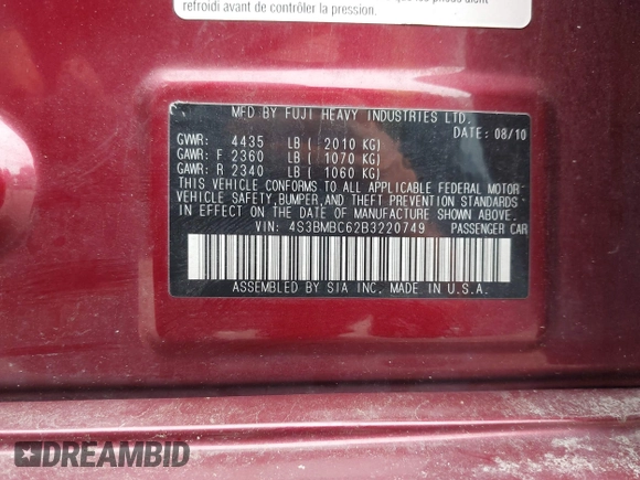 2011 Subaru Legacy Premium with VIN 4S3BMBC62B3220749, listed as a IAAI auction lot 42505918 with 143,137 mi miles and . Bid and sale history available at DreamBid. Image 9.