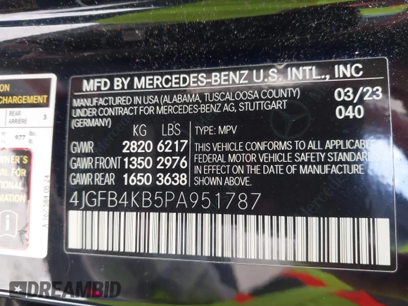 2023 Mercedes-Benz GLE 350 with VIN 4JGFB4KB5PA951787, listed as a IAAI auction lot 41578652 with 22,239 mi miles and . Bid and sale history available at DreamBid. Image 9.
