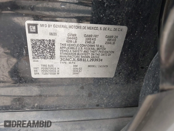 2020 Chevrolet Trax LT z VIN 3GNCJLSB1LL293934, wystawiony jako IAAI lot #42041044 z przebiegiem 142 394 mil mil oraz . Historia ofert i sprzedaży dostępna na DreamBid. Obrazek 9.