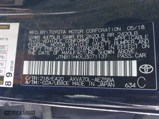 2018 Toyota Camry LE with VIN JTNB11HKXJ3071137, listed as a IAAI auction lot 41699856 with 102,310 mi miles. Bid and sale history available at carsss.com. Image 9.