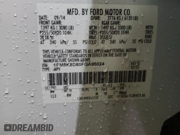 2015 Ford Explorer XLT with VIN 1FM5K8D80FGA95024, listed as a Copart auction lot 44705365 with 75,097 mi miles and Non Repairable. Bid and sale history available at carsss.com. Image 13.