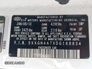 2013 Kia Optima EX with VIN 5XXGN4A7XDG168834, listed as a IAAI auction lot 42515149 with 196,732 mi miles and . Bid and sale history available at DreamBid. Image 9.
