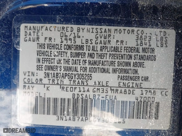 2016 Nissan Sentra S with VIN 3N1AB7AP6GY305265, listed as a IAAI auction lot 41641292 with 93,531 mi miles. Bid and sale history available at carsss.com. Image 9.