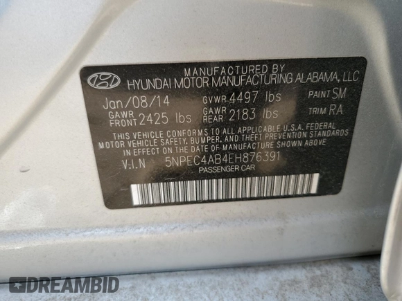 2014 Hyundai Sonata Limited with VIN 5NPEC4AB4EH876391, listed as a Copart auction lot 49819535 with 62,514 mi miles and Salvage Title. Bid and sale history available at DreamBid. Image 12.