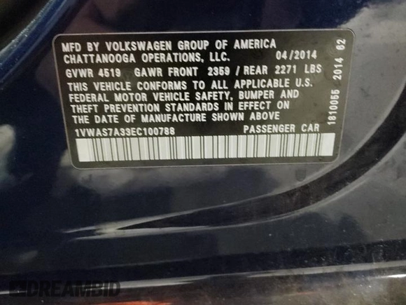 2014 Volkswagen Passat S with VIN 1VWAS7A33EC100788, listed as a Copart auction lot 88483525 with 90,837 mi miles and Clean Title. Bid and sale history available at carsss.com. Image 12.