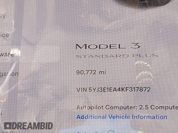 2019 Tesla Model 3 Mid Range z VIN 5YJ3E1EA4KF317872, wystawiony jako IAAI lot #41491269 z przebiegiem 90 772 mil mil oraz . Historia ofert i sprzedaży dostępna na DreamBid. Obrazek 14.