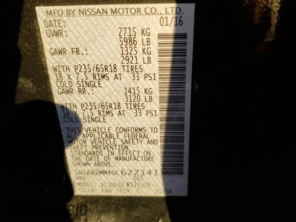 2016 Nissan Pathfinder SV with VIN 5N1AR2MM4GC622141, listed as a Copart auction lot 78457744 with 159,280 mi miles and Salvage Title. Bid and sale history available at carsss.com. Image 13.