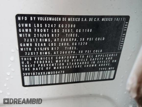2018 Volkswagen Tiguan S z VIN 3VV1B7AXXJM056479, wystawiony jako Copart lot #53113125 z przebiegiem 99 367 mil mil oraz Szkoda całkowita • Salvage title. Historia ofert i sprzedaży dostępna na DreamBid. Obrazek 15.