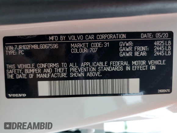 2020 Volvo S60 R-Design with VIN 7JR102FM8LG067596, listed as a Copart auction lot 51402483 with 49,417 mi miles. Bid and sale history available at carsss.com. Image 14.