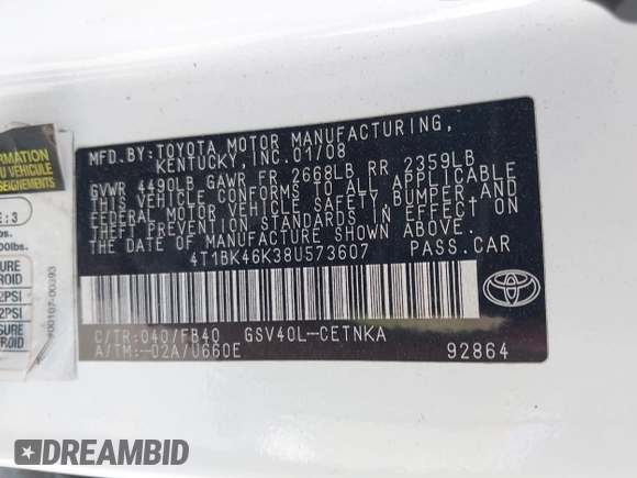 2008 Toyota Camry LE z VIN 4T1BK46K38U573607, wystawiony jako IAAI lot #41987661 z przebiegiem 175 444 mil mil oraz . Historia ofert i sprzedaży dostępna na DreamBid. Obrazek 9.