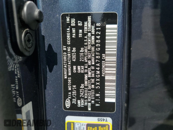 2015 Kia Optima LX with VIN 5XXGM4A78FG384218, listed as a Copart auction lot 60218455 with 149,859 mi miles and Salvage title. Bid and sale history available at DreamBid. Image 12.