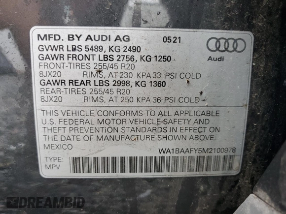 2021 Audi Q5 Premium Plus with VIN WA1BAAFY5M2100978, listed as a Copart auction lot 60649225 with 25,693 mi miles and Salvage title. Bid and sale history available at DreamBid. Image 13.