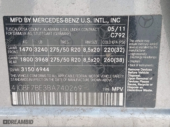 2011 Mercedes-Benz GL-Class GL 450 with VIN 4JGBF7BE3BA740269, listed as a IAAI auction lot 42098338 with 146,055 mi miles. Bid and sale history available at carsss.com. Image 9.