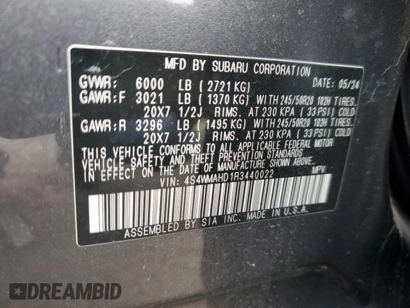 2024 Subaru Ascent Onyx with VIN 4S4WMAHD1R3440022, listed as a Copart auction lot 49812765 with 11,337 mi miles and Salvage title. Bid and sale history available at DreamBid. Image 14.
