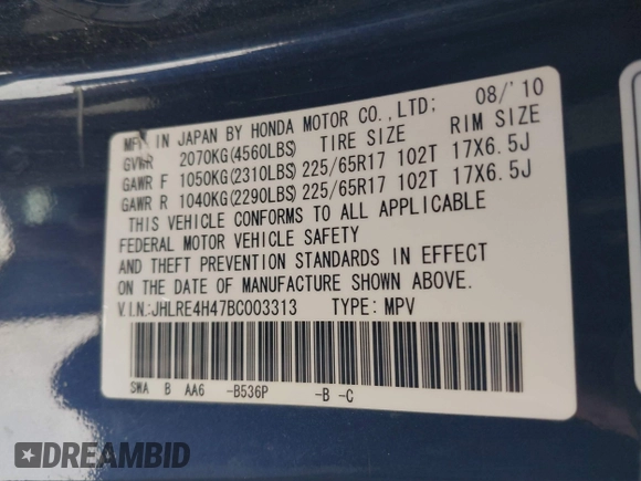 2011 Honda CR-V SE with VIN JHLRE4H47BC003313, listed as a IAAI auction lot 41732377 with 182,564 mi miles. Bid and sale history available at carsss.com. Image 9.