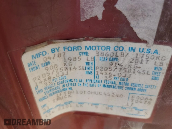 1987 Ford Ranger with VIN 1FTBR10T0HUC45240, listed as a Copart auction lot 84211344 with 78,766 mi miles and Clean Title. Bid and sale history available at DreamBid. Image 12.