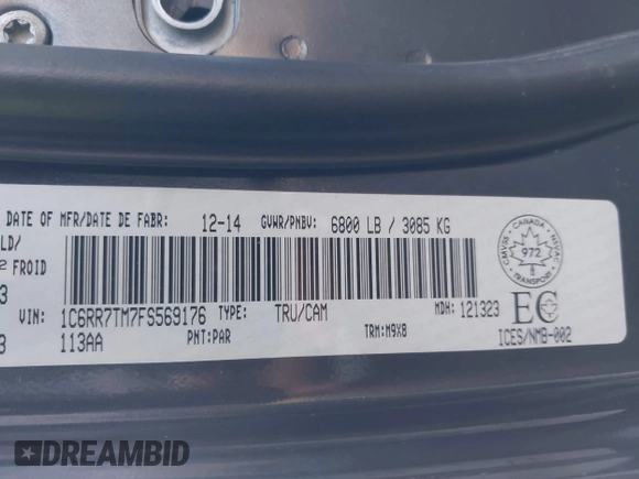 2015 Ram 1500 Big Horn with VIN 1C6RR7TM7FS569176, listed as a IAAI auction lot 41474950 with 220,742 mi miles and . Bid and sale history available at DreamBid. Image 9.