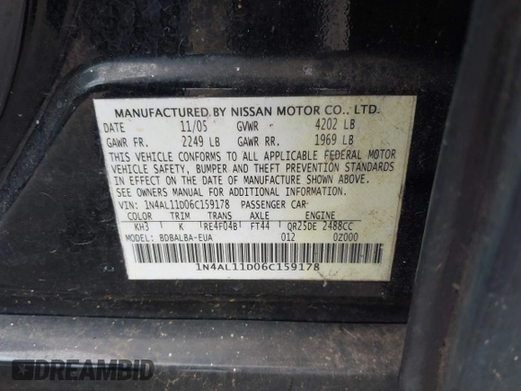 2006 Nissan Altima 2.5 S with VIN 1N4AL11D06C159178, listed as a IAAI auction lot 41594196 with 178,980 mi miles. Bid and sale history available at carsss.com. Image 9.