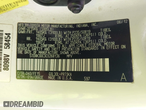 2012 Toyota Sienna SE с VIN 5TDXK3DC3CS268136, выставлен на аукционе IAAI как лот 42153110 с пробегом 248 887 миль миль и . История ставок и продаж доступна на DreamBid. Изображение 9.