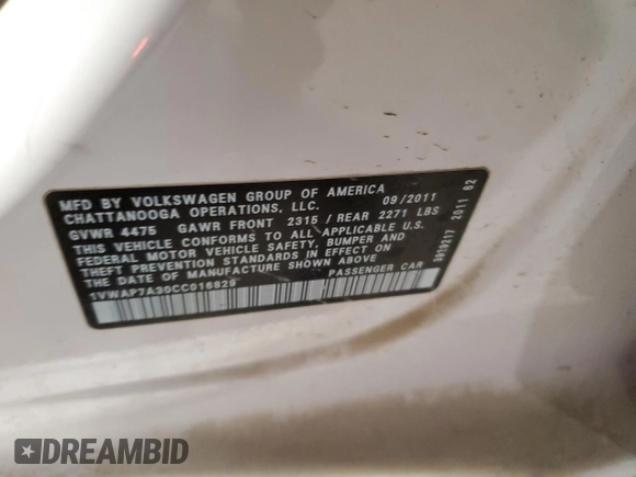 2012 Volkswagen Passat S w/Appearance with VIN 1VWAP7A30CC016829, listed as a Copart auction lot 46309985 with 156,566 mi miles and Salvage Title. Bid and sale history available at carsss.com. Image 14.