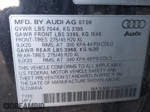 2010 Audi Q7 Premium Plus with VIN WA1LMAFE4AD000677, listed as a Copart auction lot 49079035 with 144,637 mi miles and Non repairable. Bid and sale history available at DreamBid. Image 13.