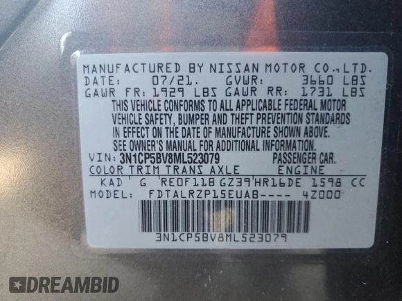 2021 Nissan Kicks S with VIN 3N1CP5BV8ML523079, listed as a Copart auction lot 48264935 with 82,934 mi miles and Salvage Title. Bid and sale history available at DreamBid. Image 16.