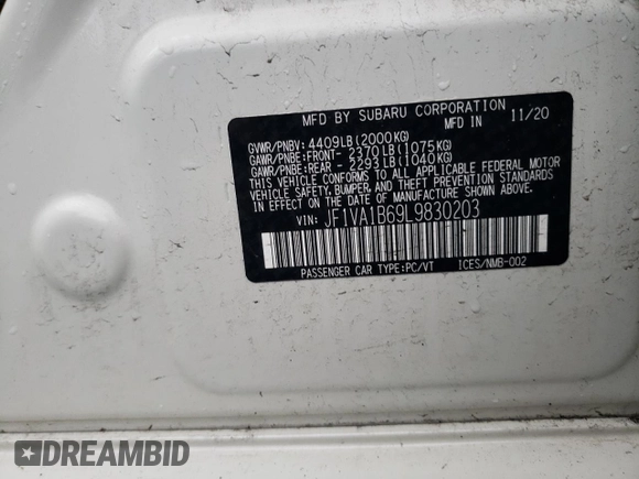 2020 Subaru WRX Premium with VIN JF1VA1B69L9830203, listed as a Copart auction lot 46345755 with 59,252 mi miles and Salvage title. Bid and sale history available at DreamBid. Image 12.