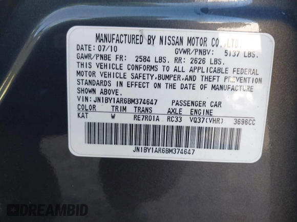 2011 Infiniti M37 with VIN JN1BY1AR6BM374647, listed as a IAAI auction lot 37949396 with 182,645 mi miles. Bid and sale history available at carsss.com. Image 9.