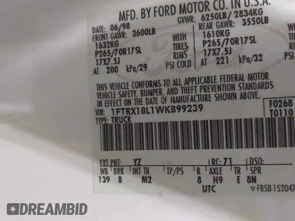 1998 Ford F-150 с VIN 1FTRX18L1WKB99239, выставлен на аукционе IAAI как лот 41987823 с пробегом 217 930 миль миль и . История ставок и продаж доступна на DreamBid. Изображение 9.