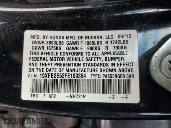 2015 Honda Civic Sedan LX with VIN 19XFB2E52FE109354, listed as a Copart auction lot 49101105 with 279,321 mi miles and Clean Title. Bid and sale history available at carsss.com. Image 12.