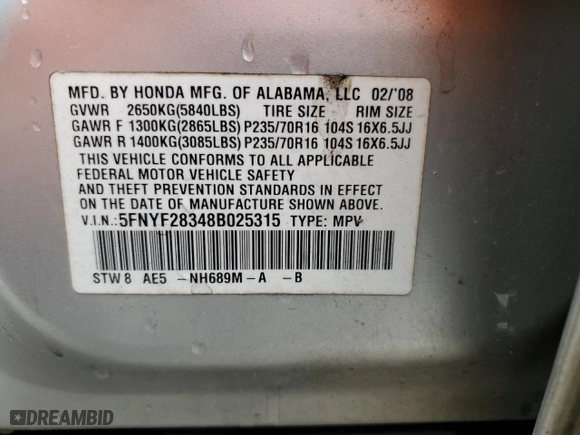 2008 Honda Pilot SE with VIN 5FNYF28348B025315, listed as a Copart auction lot 46720045 with 173,499 mi miles and Salvage Title. Bid and sale history available at carsss.com. Image 13.