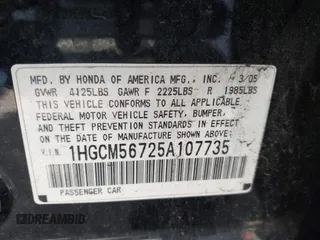 2005 Honda Accord EX with VIN 1HGCM56725A107735, listed as a IAAI auction lot 41838682 with 165,454 mi miles and . Bid and sale history available at DreamBid. Image 9.