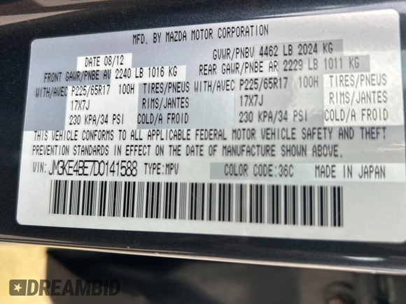 2013 Mazda CX-5 Sport with VIN JM3KE4BE7D0141588, listed as a Copart auction lot 66138585 with 124,920 mi miles and Clean title. Bid and sale history available at DreamBid. Image 10.