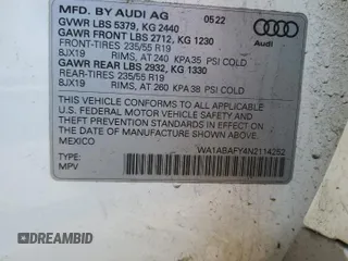 2022 Audi Q5 Premium with VIN WA1ABAFY4N2114252, listed as a Copart auction lot 87653595 with 21,361 mi miles and Salvage title. Bid and sale history available at DreamBid. Image 13.