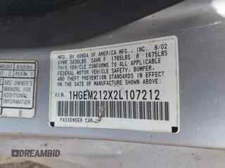 2002 Honda Civic with VIN 1HGEM212X2L107212, listed as a IAAI auction lot 42490326 with 178,252 mi miles and . Bid and sale history available at DreamBid. Image 9.