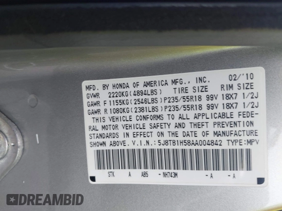2010 Acura RDX Technology с VIN 5J8TB1H58AA004842, выставлен на аукционе IAAI как лот 42521748 с пробегом 206 166 миль миль и . История ставок и продаж доступна на DreamBid. Изображение 9.
