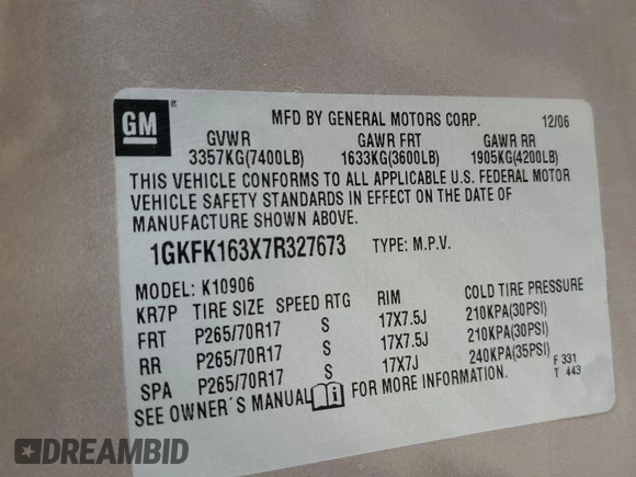 2007 GMC Yukon XL SLT z VIN 1GKFK163X7R327673, wystawiony jako Copart lot #52899415 z przebiegiem 147 180 mil mil oraz Szkoda całkowita • Salvage title. Historia ofert i sprzedaży dostępna na DreamBid. Obrazek 15.