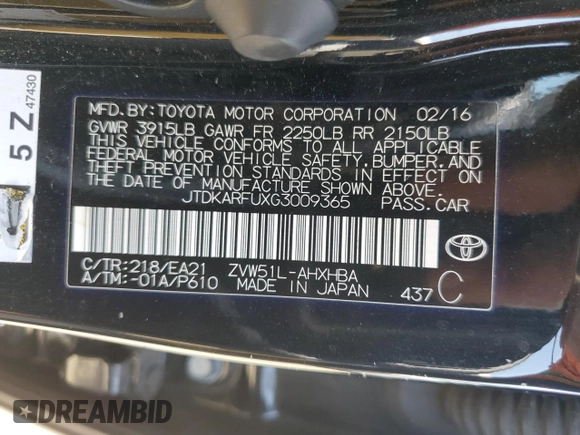 2016 Toyota Prius Four with VIN JTDKARFUXG3009365, listed as a Copart auction lot 48702415 with 164,590 mi miles and Salvage Title. Bid and sale history available at carsss.com. Image 12.