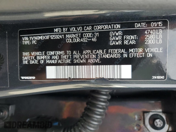 2015 Volvo V60 T5 Drive-E Premier with VIN YV140MEKXF1259241, listed as a Copart auction lot 66890004 with 117,600 mi miles and Salvage Title. Bid and sale history available at carsss.com. Image 15.