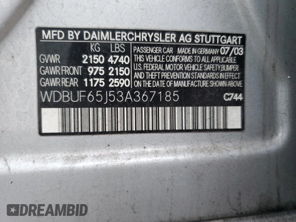 2003 Mercedes-Benz E 320 with VIN WDBUF65J53A367185, listed as a Copart auction lot 41401485 with 138,016 mi miles and Salvage Title. Bid and sale history available at carsss.com. Image 12.