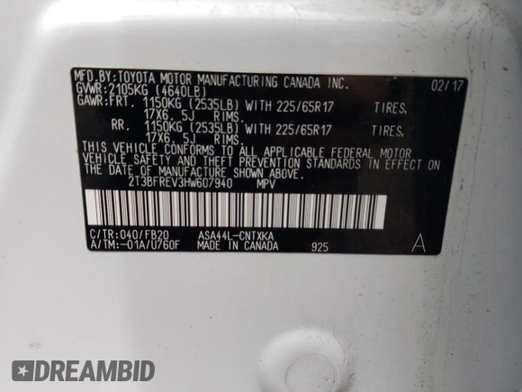 2017 Toyota RAV4 LE with VIN 2T3BFREV3HW607940, listed as a Copart auction lot 58330855 with 67,684 mi miles and Salvage title. Bid and sale history available at DreamBid. Image 13.
