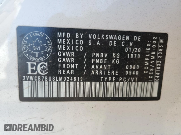 2020 Volkswagen Jetta S with VIN 3VWCB7BU8LM024819, listed as a Copart auction lot 56377085 with 144,828 mi miles and Clean title. Bid and sale history available at DreamBid. Image 12.