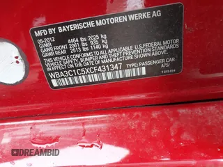 2012 BMW 3 Series 328i with VIN WBA3C1C5XCF431347, listed as a IAAI auction lot 41551784 with Not provided miles and . Bid and sale history available at DreamBid. Image 9.