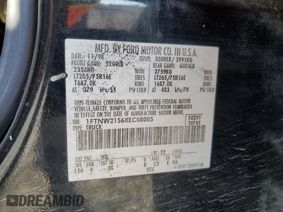 1999 Ford Super Duty F-250 XL with VIN 1FTNW21S6XEC88085, listed as a Copart auction lot 88553305 with 182,712 mi miles and Salvage Title. Bid and sale history available at carsss.com. Image 14.