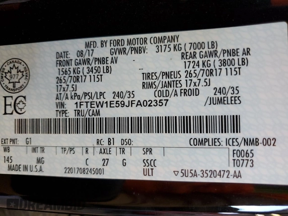 2018 Ford F-150 XL with VIN 1FTEW1E59JFA02357, listed as a Copart auction lot 53058665 with 101,666 mi miles and Clean Title. Bid and sale history available at DreamBid. Image 12.